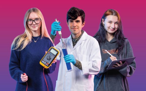 Three students on a colourful background